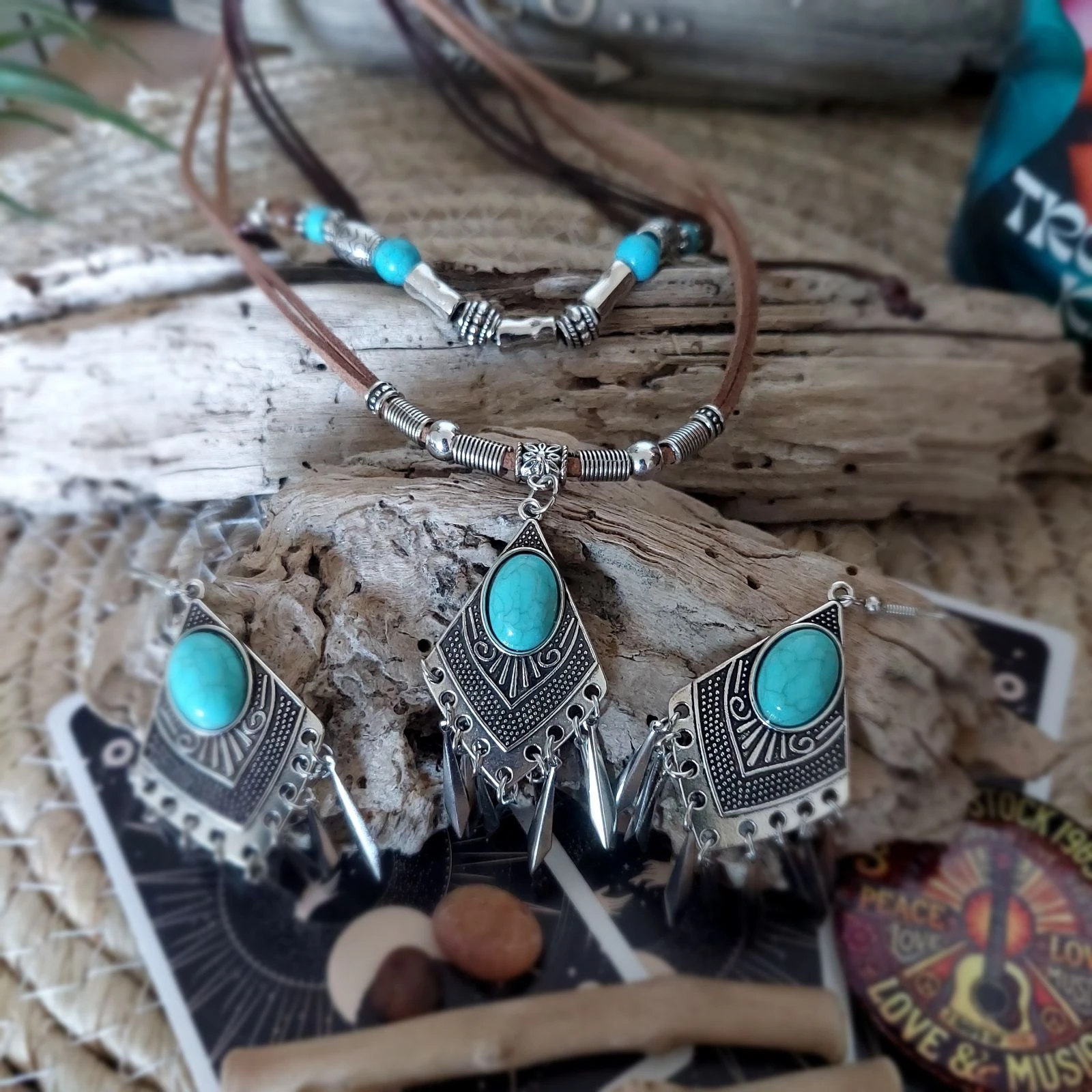 Parure bohème cuir et corde, cascade maya turquoise, chocolat